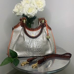 BRAHMIN/ Silver-Croc-Embossed Leather Shoulder bag.